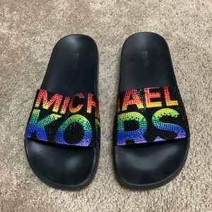 Michael Kors slides. Rainbow rhinestones   Good used condition
